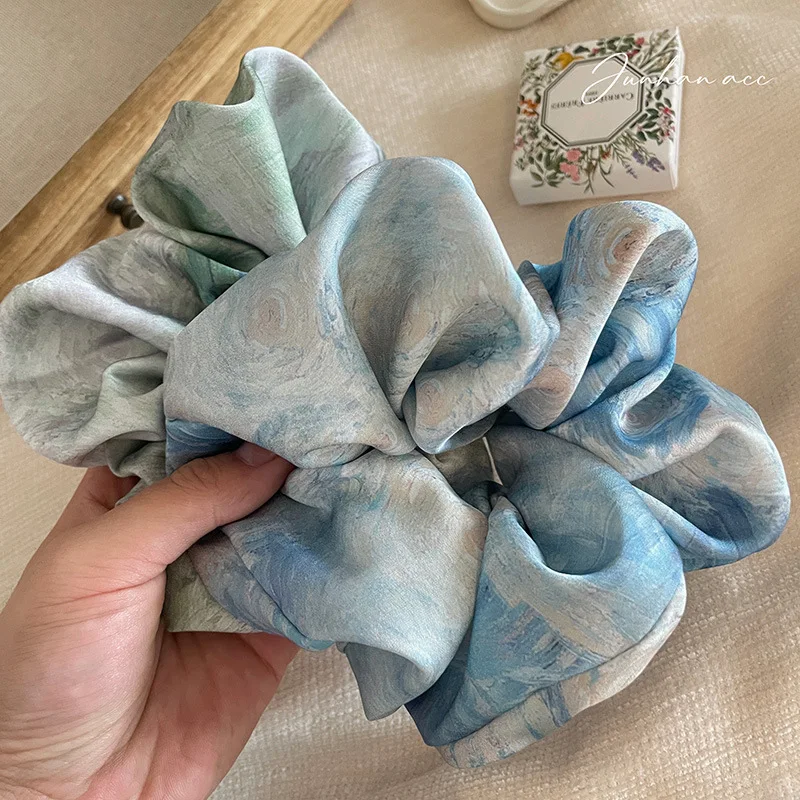 Over Sized Blue Scrunchies For Hair Satin Silk Girls Glossy Elastic Hairties Floral Oil Painting Hair Accessories for Women