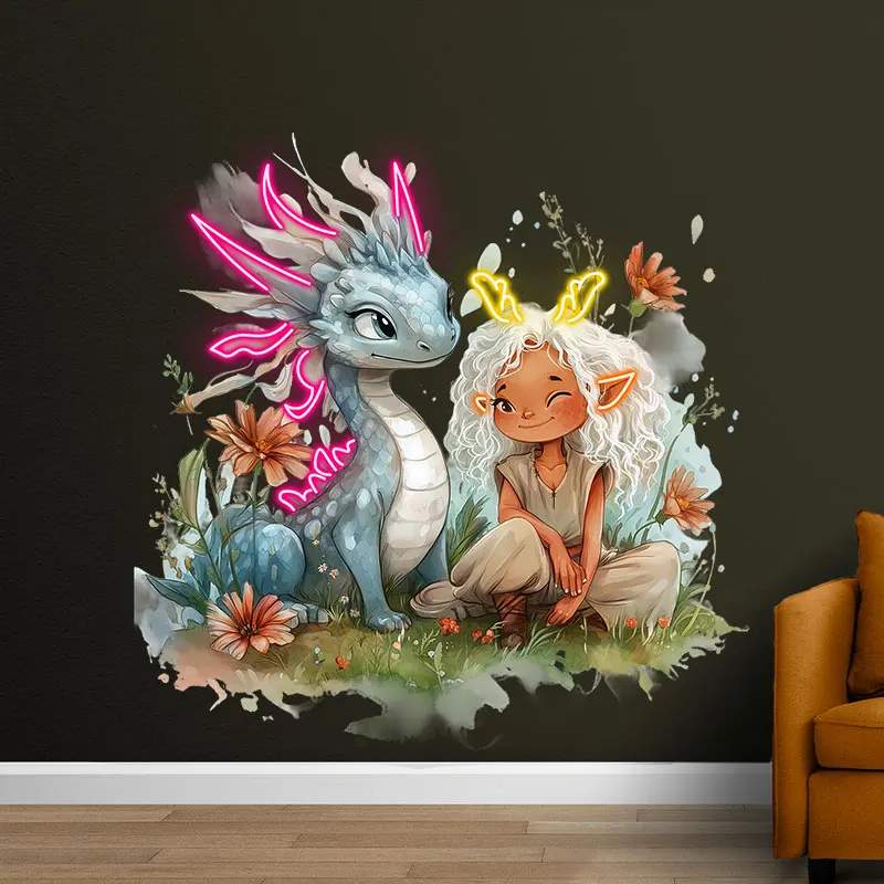 Fairy Girl and Dragon Neon Light - Adorable Fantasy LED Night Lamp for Kids Room Decoration, Whimsical Fairy Tale Design