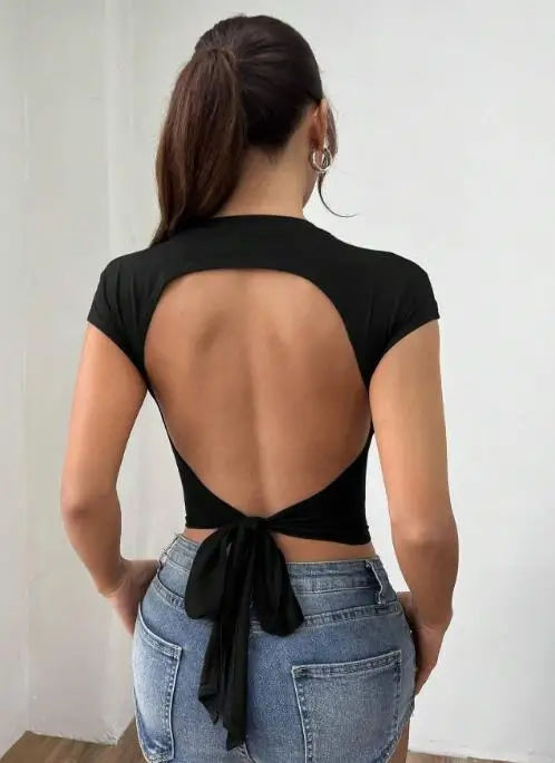 Spring/Summer Sexy Slim Fit Lace up Top for Women Big Backless Slimming Machine Washable Hot Girl Fashion
