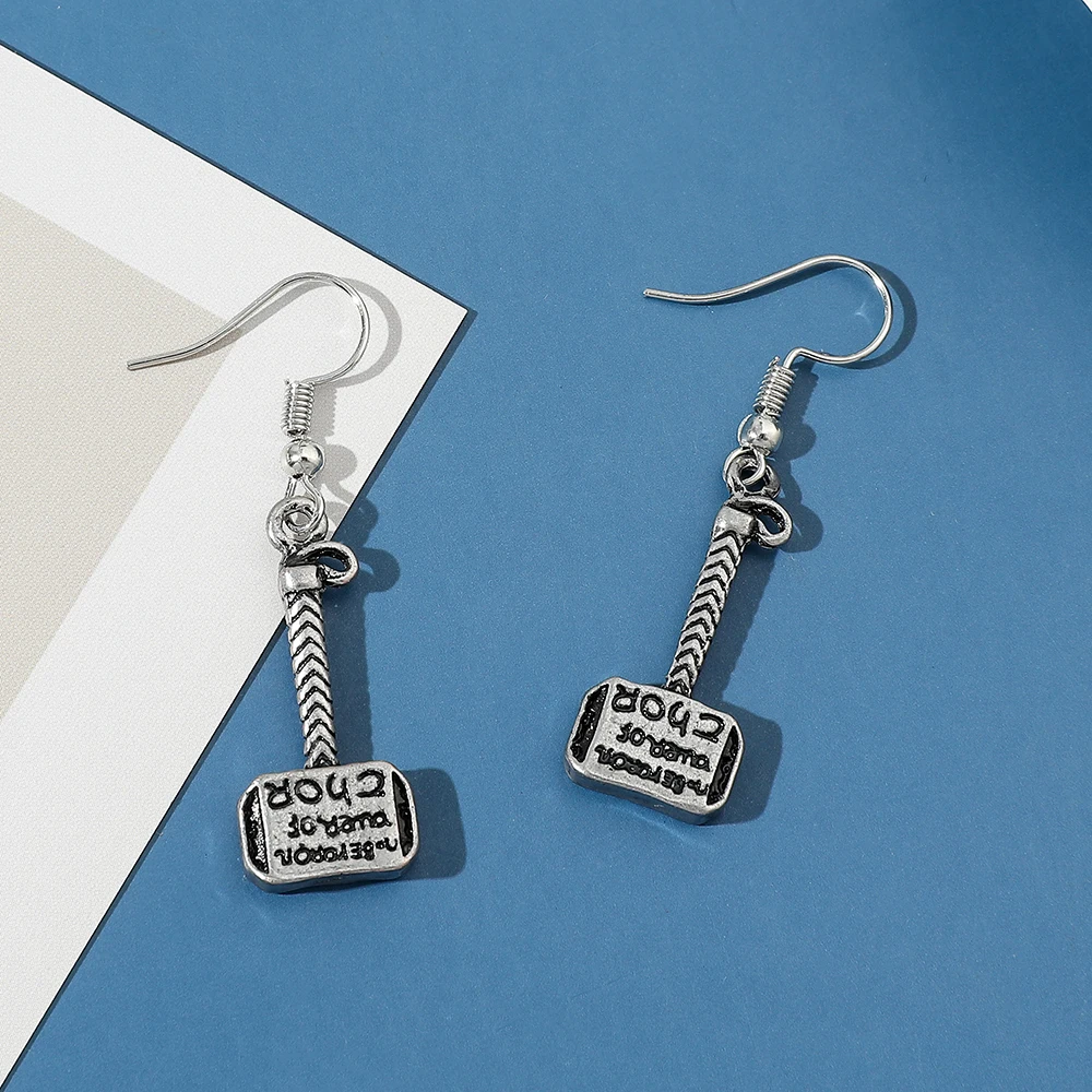 Vintage Creative Thor's Hammer Pendant Earrings - Trendy Cool Superhero Cosplay Jewelry for Movie Fans Gift Idea