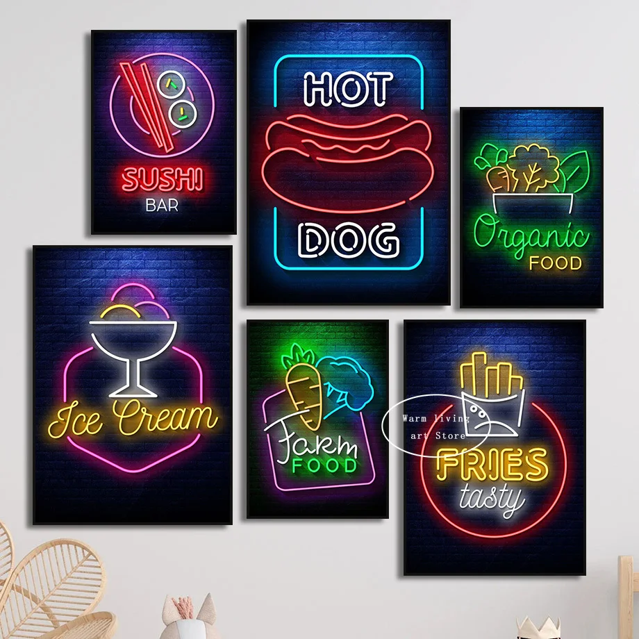 1pc frameless Canvas Painting Neon Food Ramen Sushi Pizza Beer Juice Wine Sign Poster Canvas Painting Pictures Wall Art Pictures