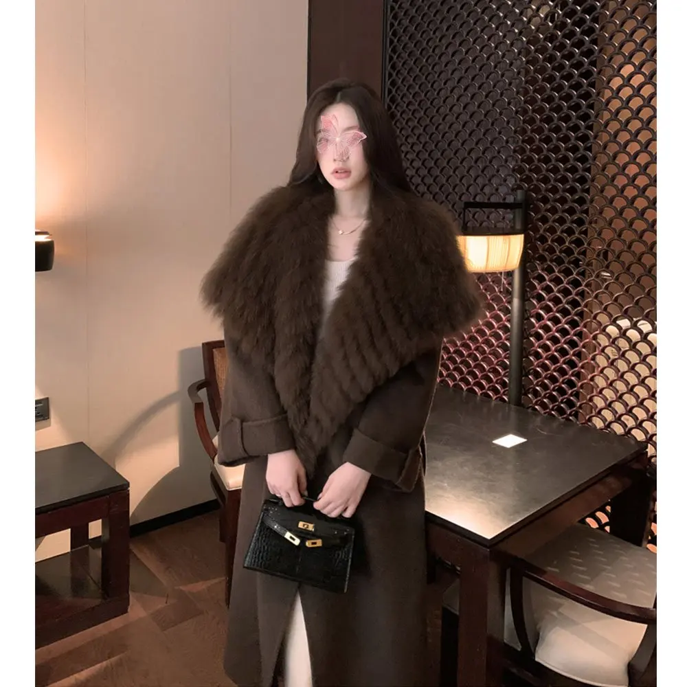 2024 Women Plus Size Long Wool Blended Coat With Belt  Oversized Real Fox Fur Collar Long Sleeve Fashion Wool Jacket