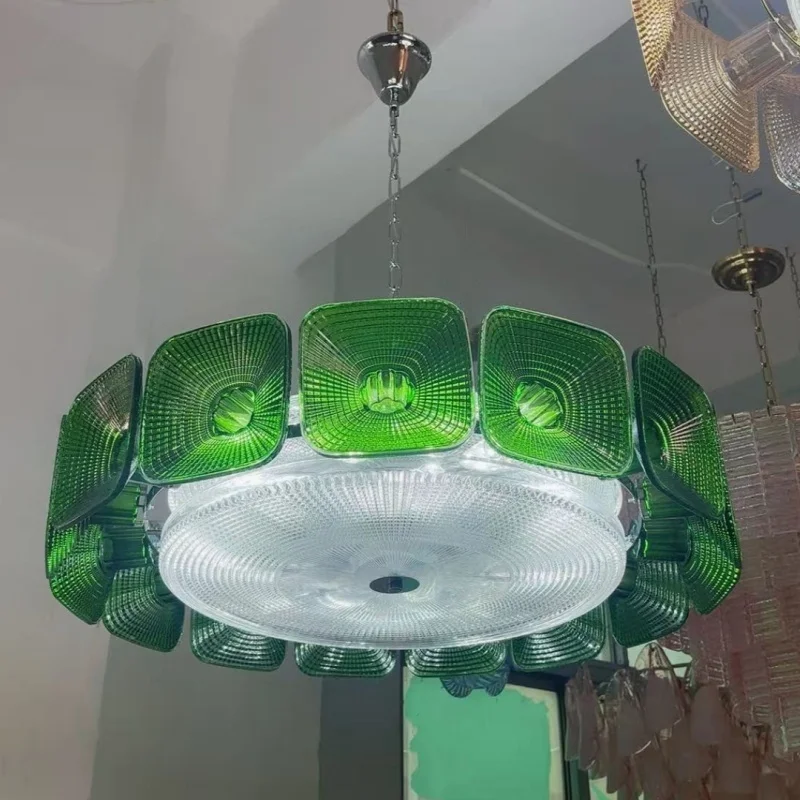 French Green Glass Pendant Light Artistic Carving Decorative Lighting For Living Room Hotel Restaurant Retro Chandelier Fixtures
