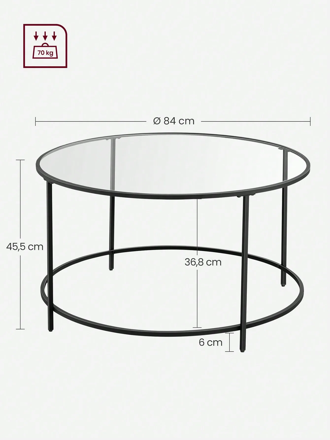 Tavolino da caffè in vetro VASAGLE con cornice AER. Mobili da soggiorno alla moda. Tavolo rotondo in nero.