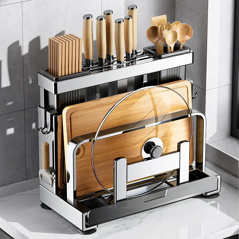 Stainless Steel Knife Shelf All-in-One Kitchen Organizer with Chopstick Holder Cutting Board Storage Rack Space-Saving Shelf