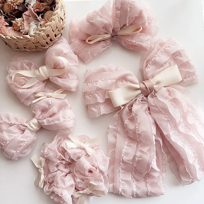 Kinder Mädchen Neue Süße Rosa Chiffon Bogen Haar Clips Set für Kinder Mädchen Nette Rüschen Haar Zubehör Party Haarnadeln RL026