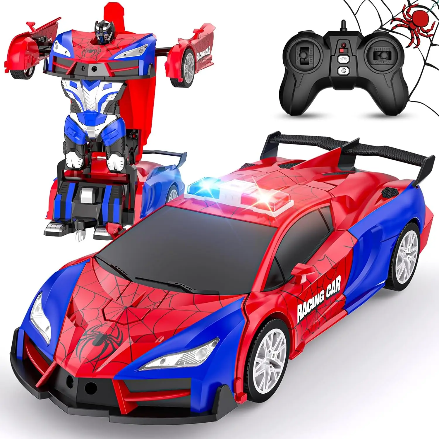 1:18 RC Car Transforms into Robot, 360° Spin Police Car with Lights, 2.4Ghz Remote Control Toy for Kids 4-12