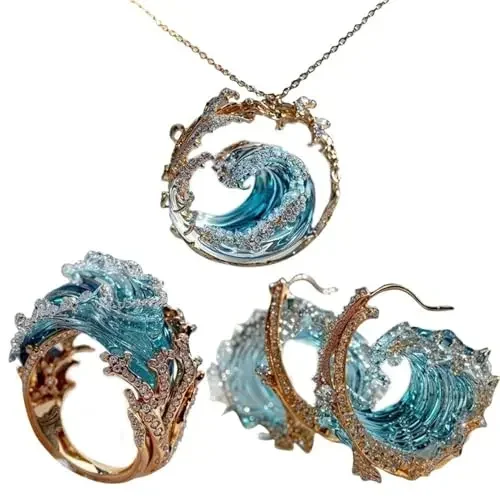 2024 New Creative Sky Blue Ocean Waves Diamond Studded Alloy Round Ring Earrings Necklace Lady Graduation Gift