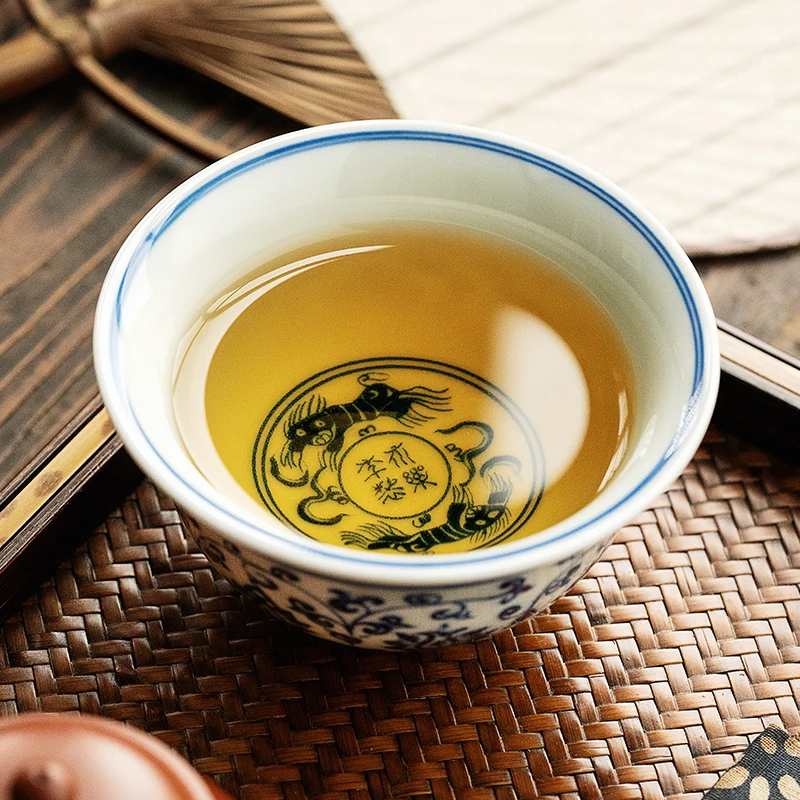 Blue and white pressure hand cup, tangled lotus, antique Chinese style personal tea cup, ceramic single cup