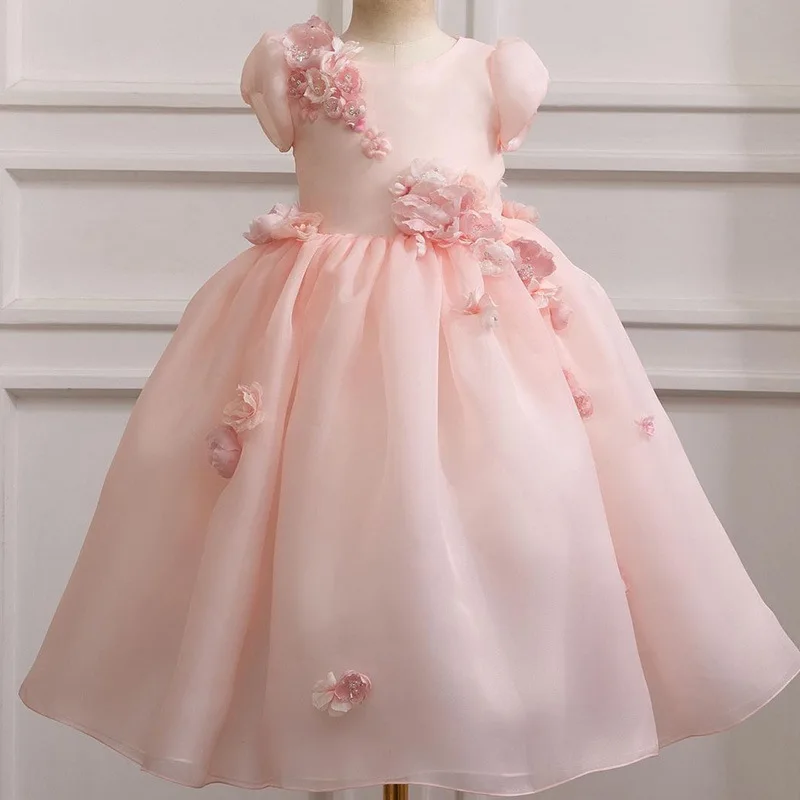 Customized Ball Gown Puff Sleeve Elegant Flower Girls Dresses Appliques Temperament O-neck Birthday Party Vestidos Simple Prince