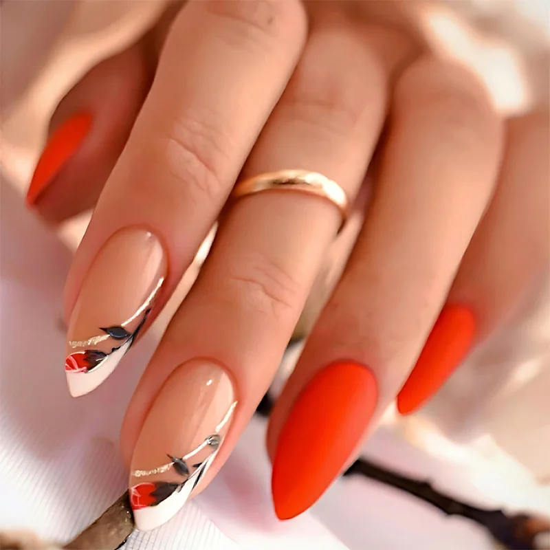 24 szt. Sztuczne paznokcie migdałki, żółte francuskie tipsy z błyszczącymi proszkowymi liśćmi, krótkie okrągłe paznokcie do wciskania wielokrotnego użytku