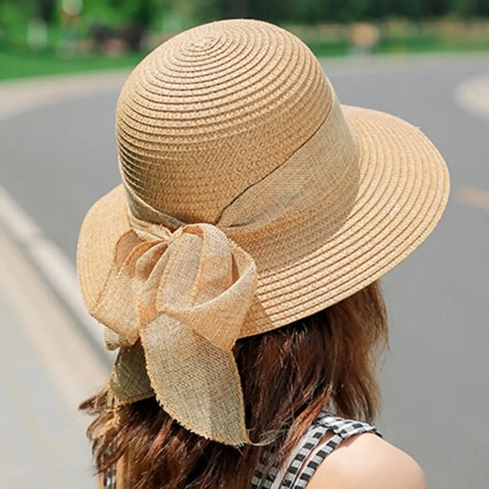 

Summer Fashion Bow Fisherman Hat Casual Bucket Hat Breathable Wide Brim Sun Visor Cap Women's Anti UV Straw Hat Beach Cap