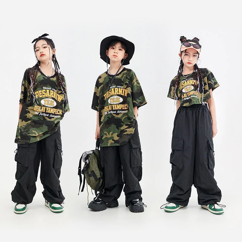 Kid Hip Hop Clothing Camo Oversize T Shirt Crop Top Vest Black Casual Pocket Cargo Pants for Girl Boy Jazz Dance Costume Clothes