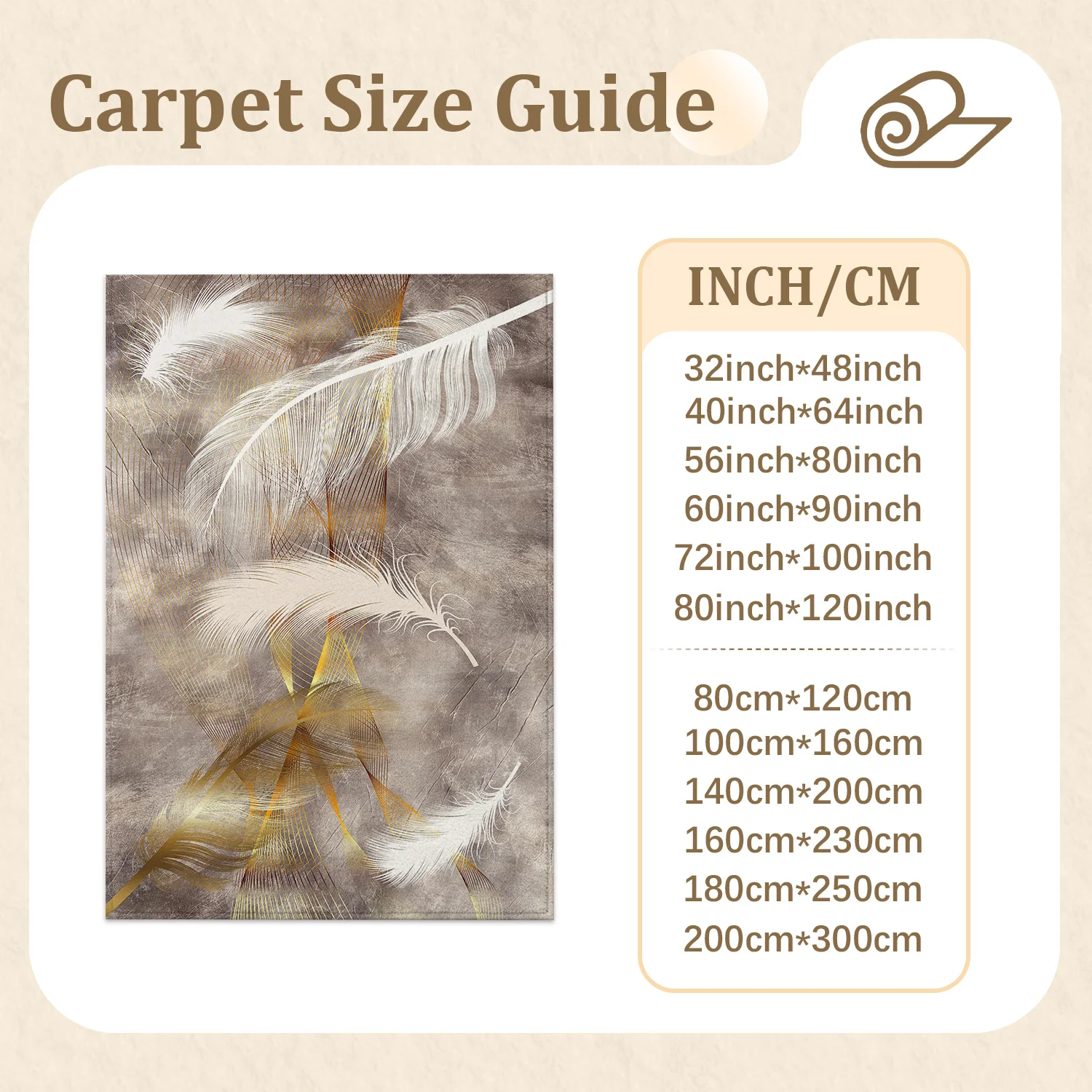 Large Indoor Area Rug, Soft Velvet Low Pile Rug with Non-Slip Dotted Backing, Machine Washable Gold White Feather Pattern, Ideal for Living Room, Bedroom Decor