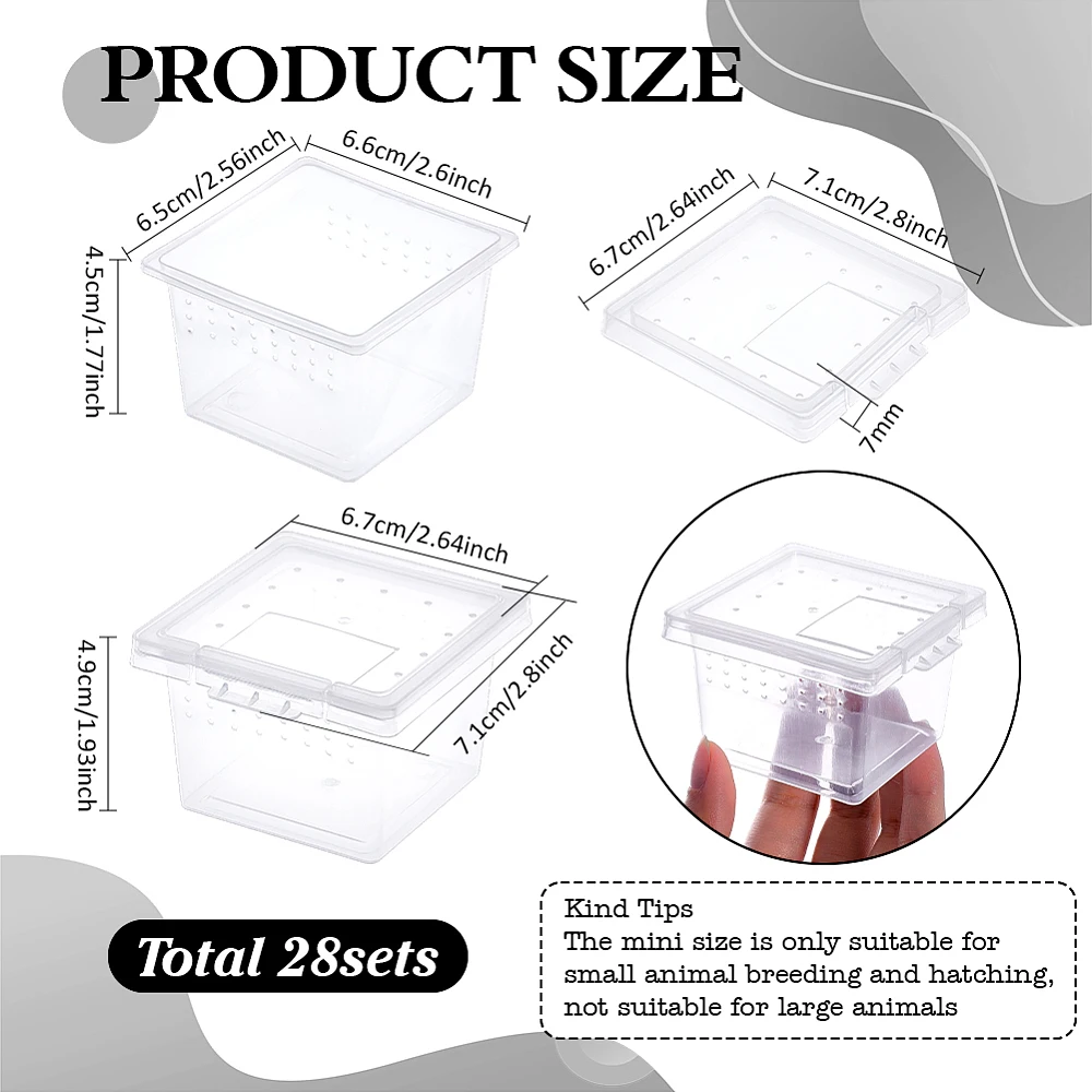 28PCS Spider Breeding Box 2.6x2.8x1.9inch Clear Plastic Reptile Enclosure with Ventilation Holes Square Small Animal Habitat