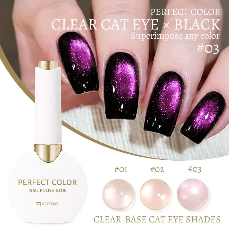 PERFECT COLOR Clear Cat Eye Gel with Self-Leveling Black Gel, Pink Magnetic Shimmer Gel Polish Set, UV LED Cure, Nail Art