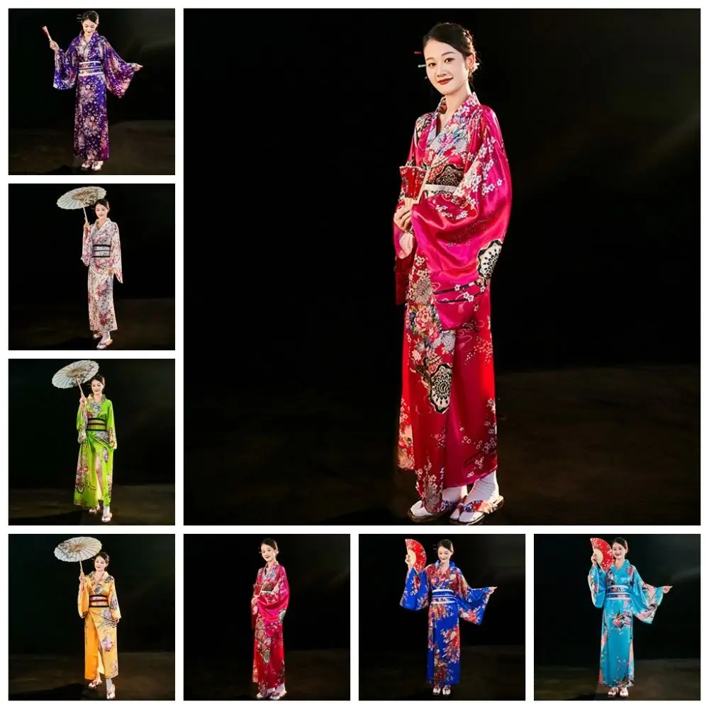 Cosplay Costume Traditional Japanese Kimono Japanese Style Printed Floral Sakura Girl Kimono Dress Elegance Asian