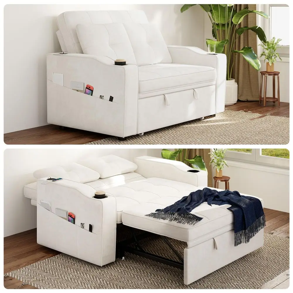 

Диван-кровать 3-в-1, раскладной диван-кровать с USB-портами для зарядки, выдвижной диван-софа с регулируемой спинкой на 5 уровней, подстаканник