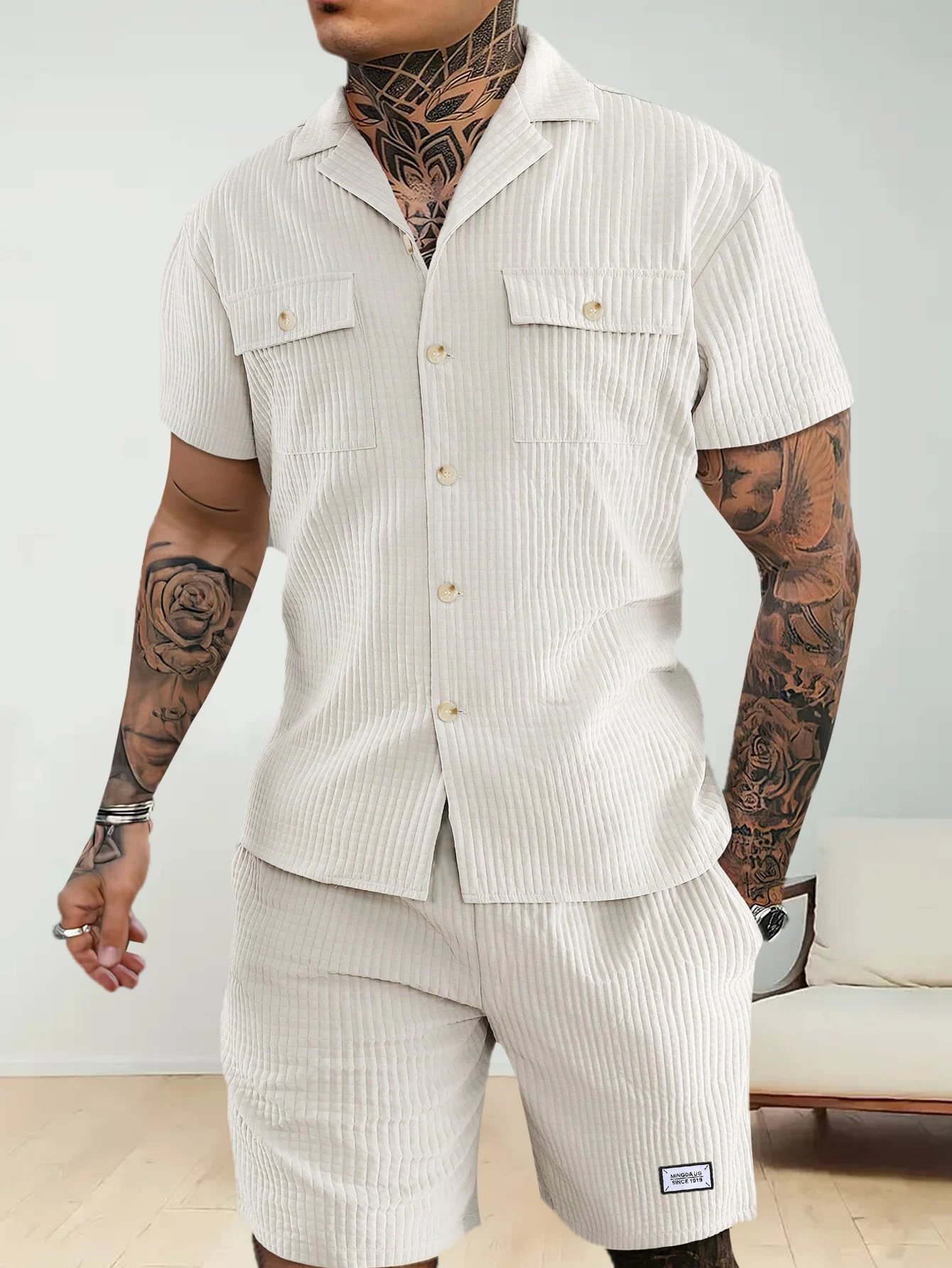 Conjunto de Camisa y Pantalones Cortos de Verano para Hombre, Color Beige, Estilo Waffle, Manga Corta, Holgado e Informal, 2 Piezas