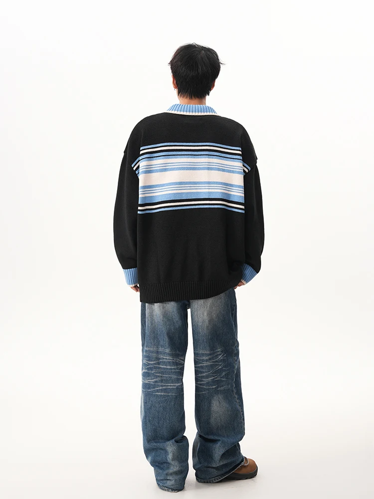 2025 Autumn Winter New Apricot Striped Cardigan Sweater Men's Turn-down Collar Black Color Block Loose Casual Knitwear