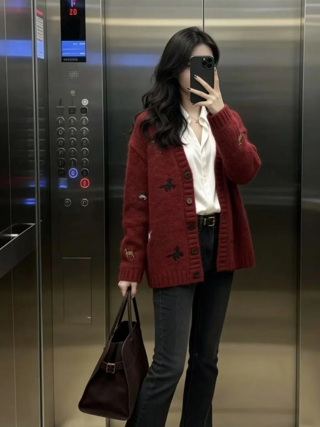 

Красный вязаный шерстяной свитер с v-образным вырезом и вышивкой бисером для женщин, повседневное длинное пальто-свек, верхняя одежда для повседневной носки