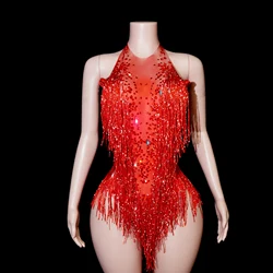 Women's Sparkly Red Rhinestones Tassel Bodysuit Glitter Fringed Bathing Suit Clubwear Nightclub Singer Dance Drag Stage Costume