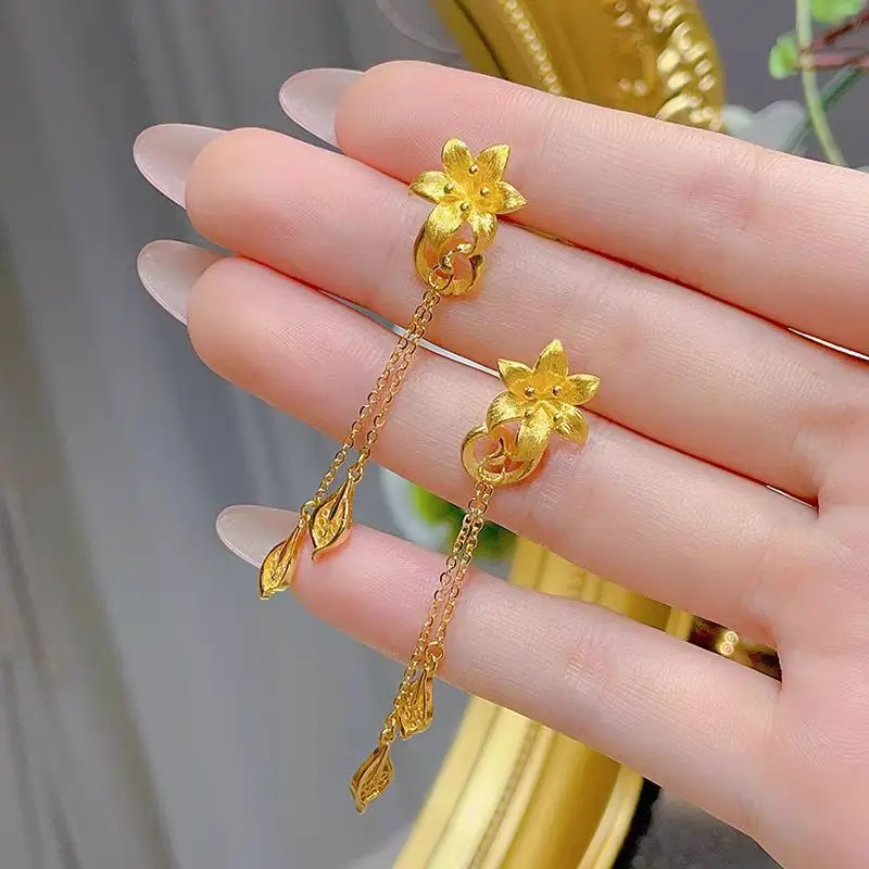 Tassel long slim senior sense earring female style all build small design sense 9999gold