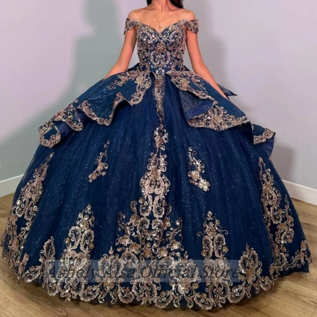 AA83 Customized Navy Blue Shiny Quinceanera Dresses With Appliques Lace Prom Party Gown Sweet 16 Vestido De 15Anos Occasion Wear