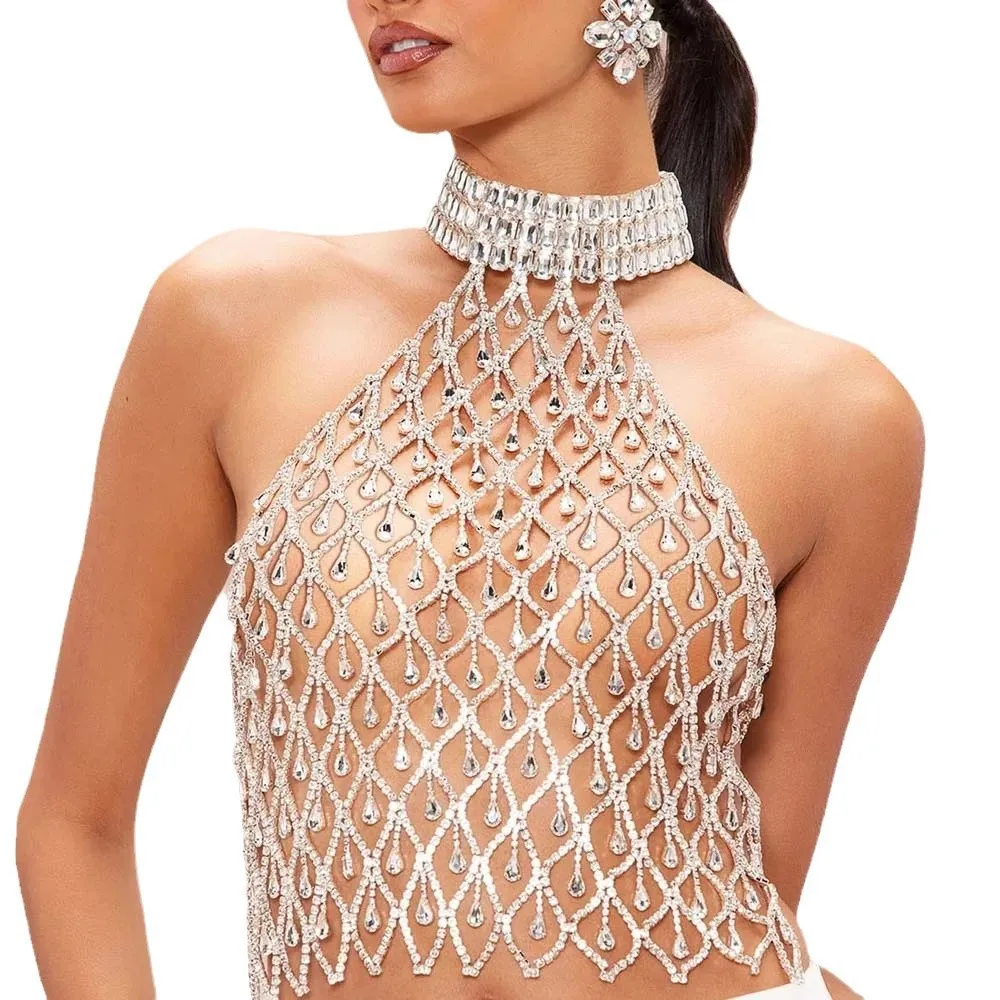 Nuova festa di tendenza, catena per il corpo con frange a goccia d'acqua sexy, catena per il corpo da donna con catena sul petto con strass personalizzata