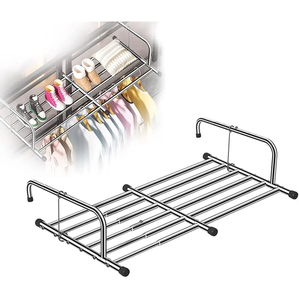 

Collapsible Stainless Steel Indoor Clothes Drying Rack with Shoe Storage and Balcony Security Rail, Radiant Silver