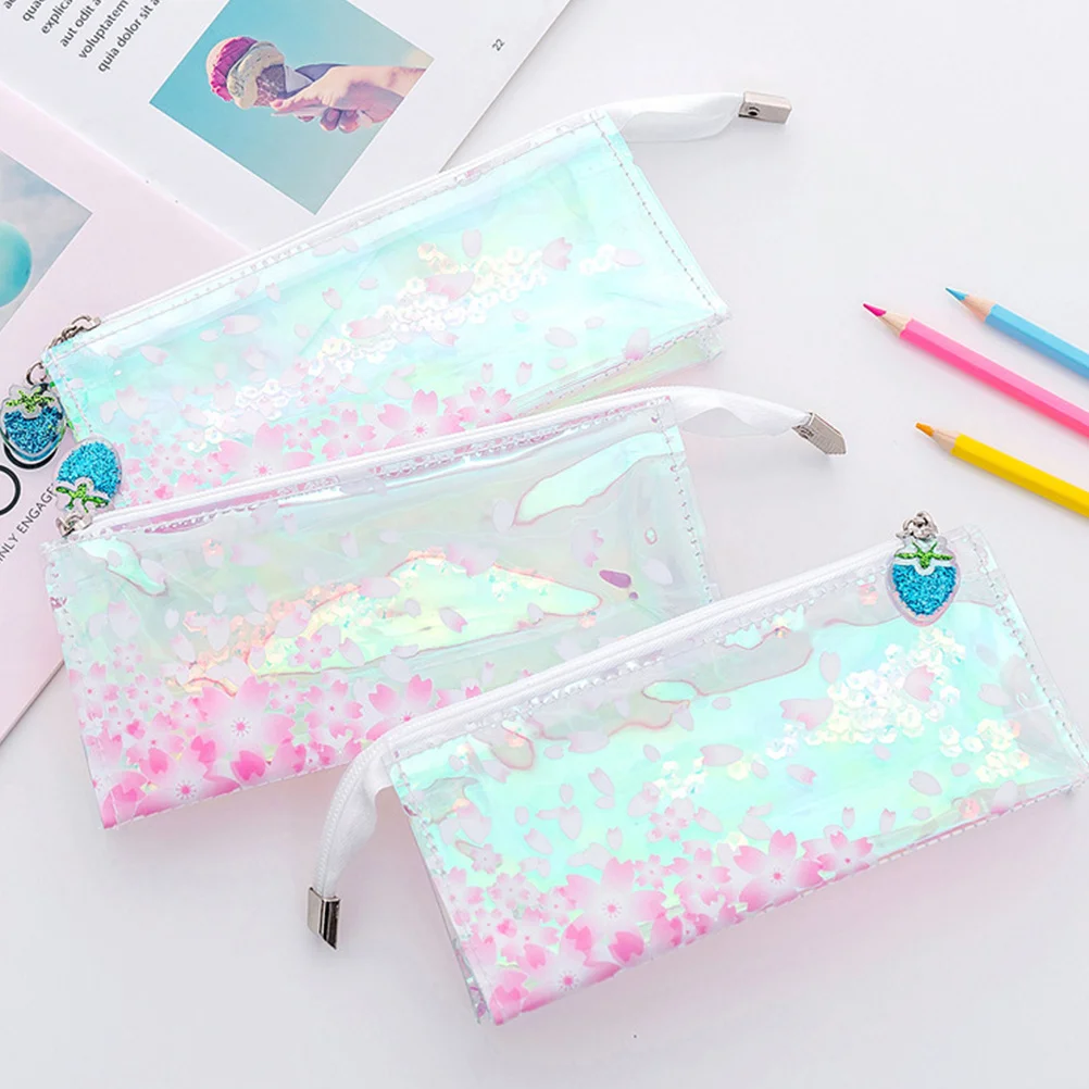

1Pcs Cute Sakura Print Pen Pouch Shiny Sequin Pencil Case Large Storage Student Stationery Bag Lightweight Easy Carry School