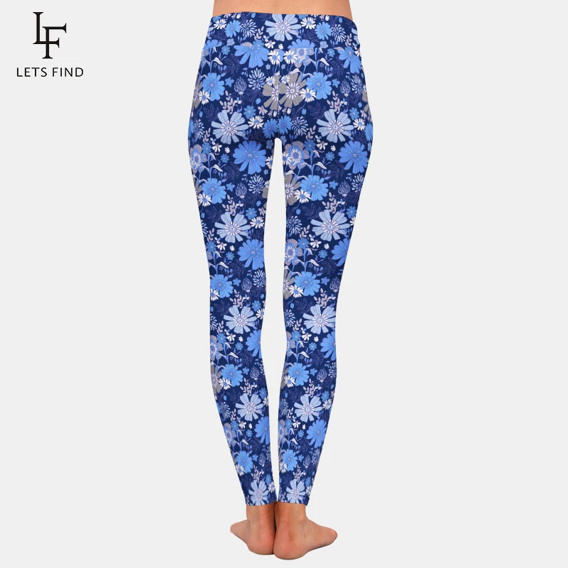 LETSFIND High Waist Women Pants 3D Blue and White Hand Drawn Flowers and Leafs Pattern Print Fitness Slim Stretch Leggings