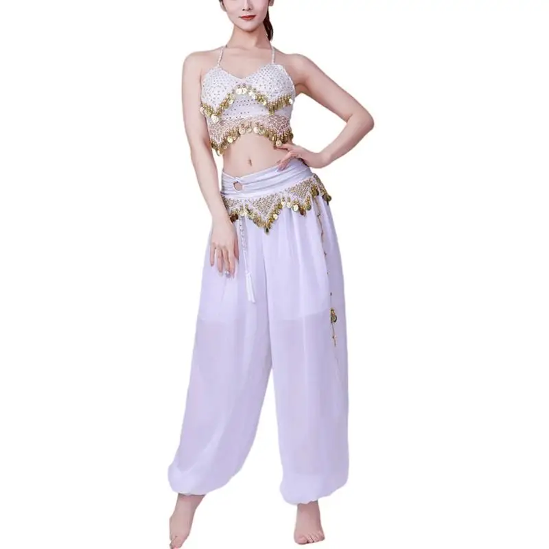 652F Conjunto fantasia dança do ventre com renda, moedas, sutiã, top, lanterna, calças, fantasia Halloween