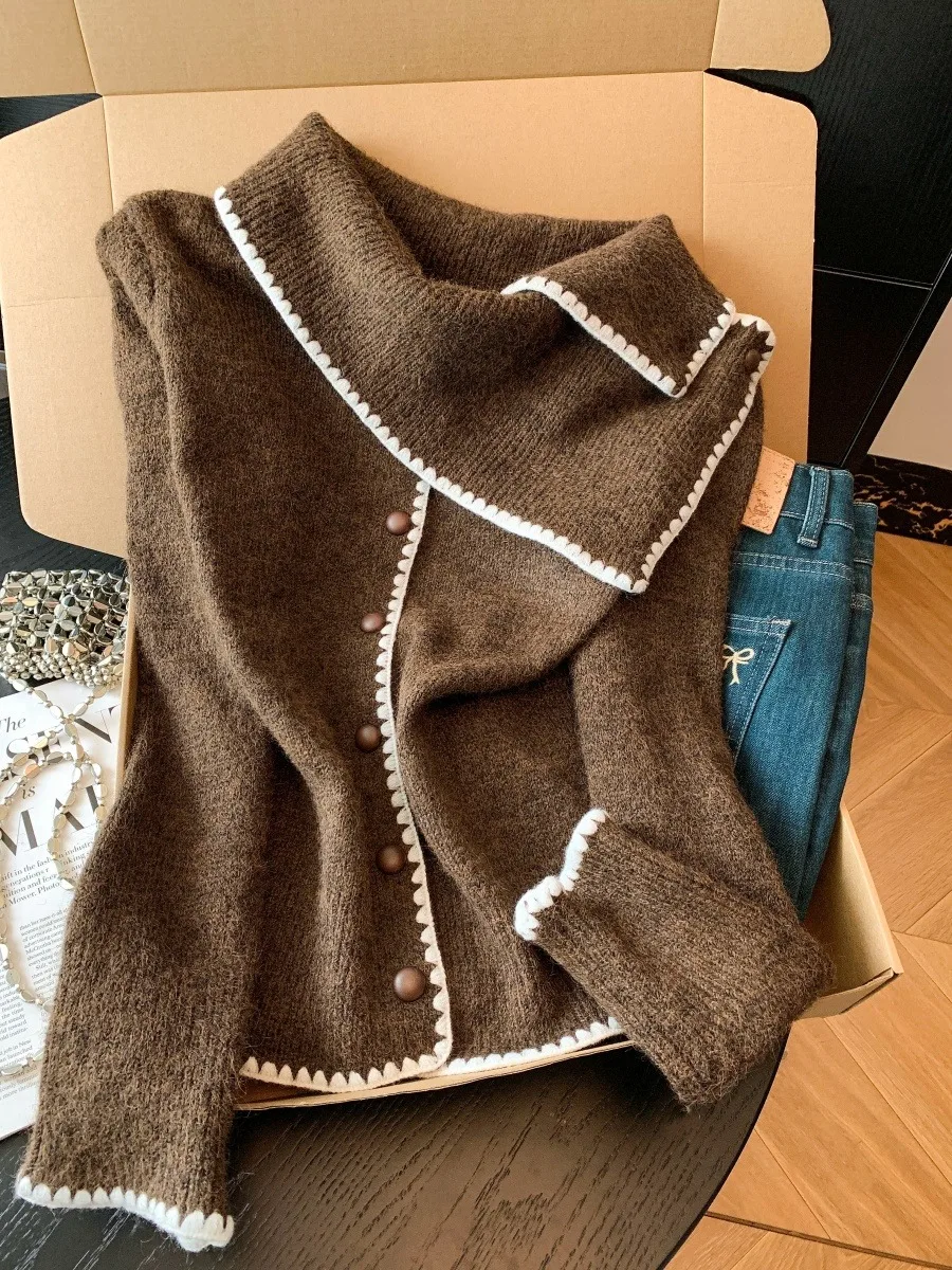 เสื้อไหมพรมถักพร้อมผ้าพันคอ ดีไซน์ใหม่สำหรับผู้หญิง ฤดูใบไม้ร่วง ฤดูหนาว สไตล์เกาหลี แฟชั่นลำลอง เสื้อคลุมคาร์ดิแกนแบบเปิด