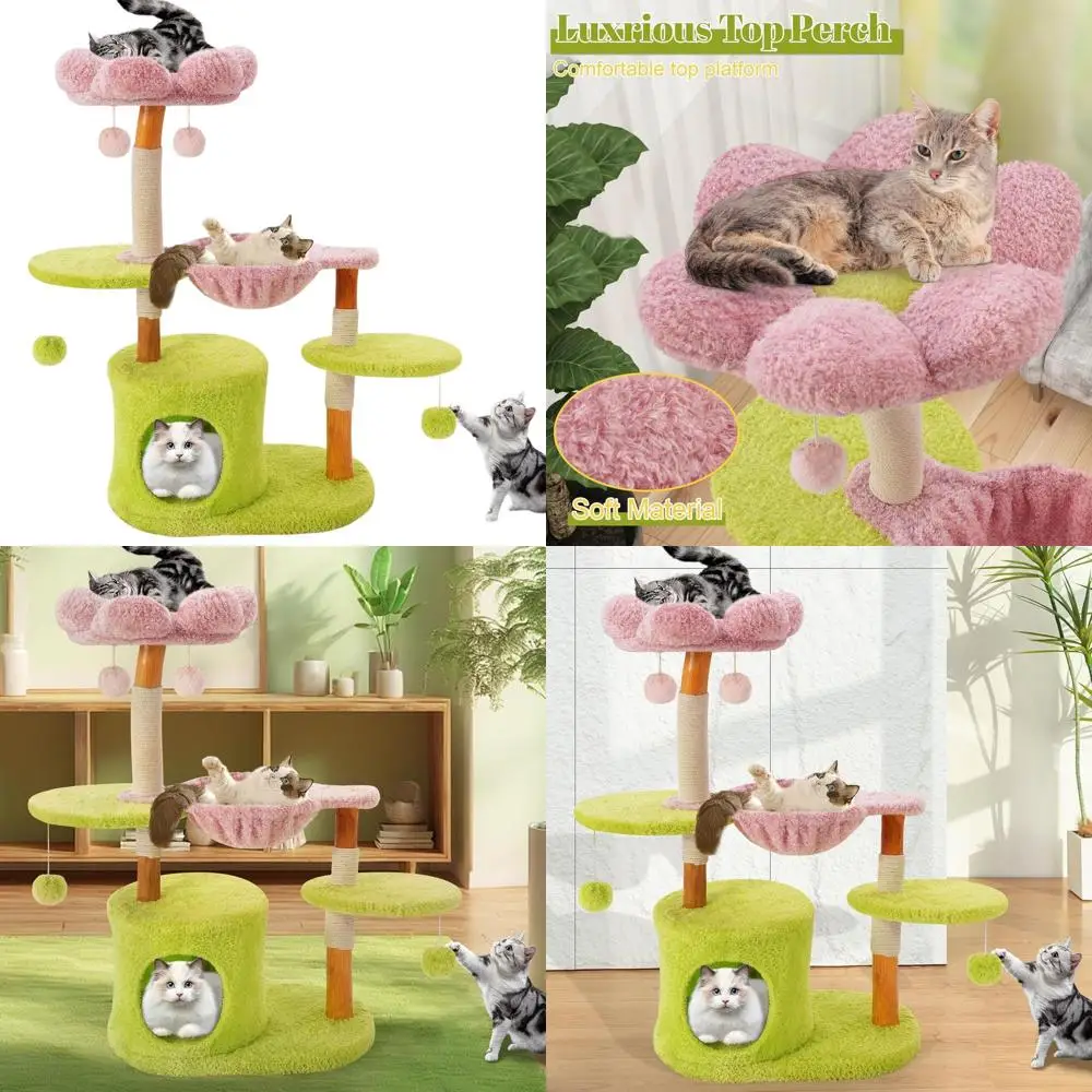 

Зеленое деревянное домашнее кошачье дерево с гамаком, лазательной стойкой, когтеточкой и подвесным мячиком для взрослых кошек