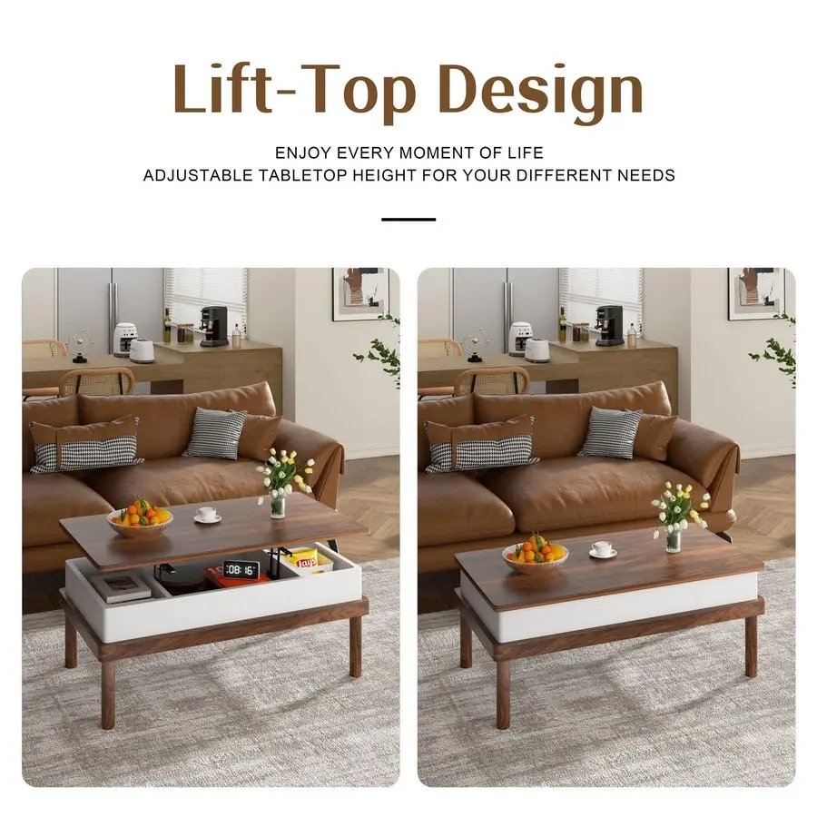 Table basse, table basse relevable avec compartiment caché, table à manger à plateau relevable, table basse relevable pour