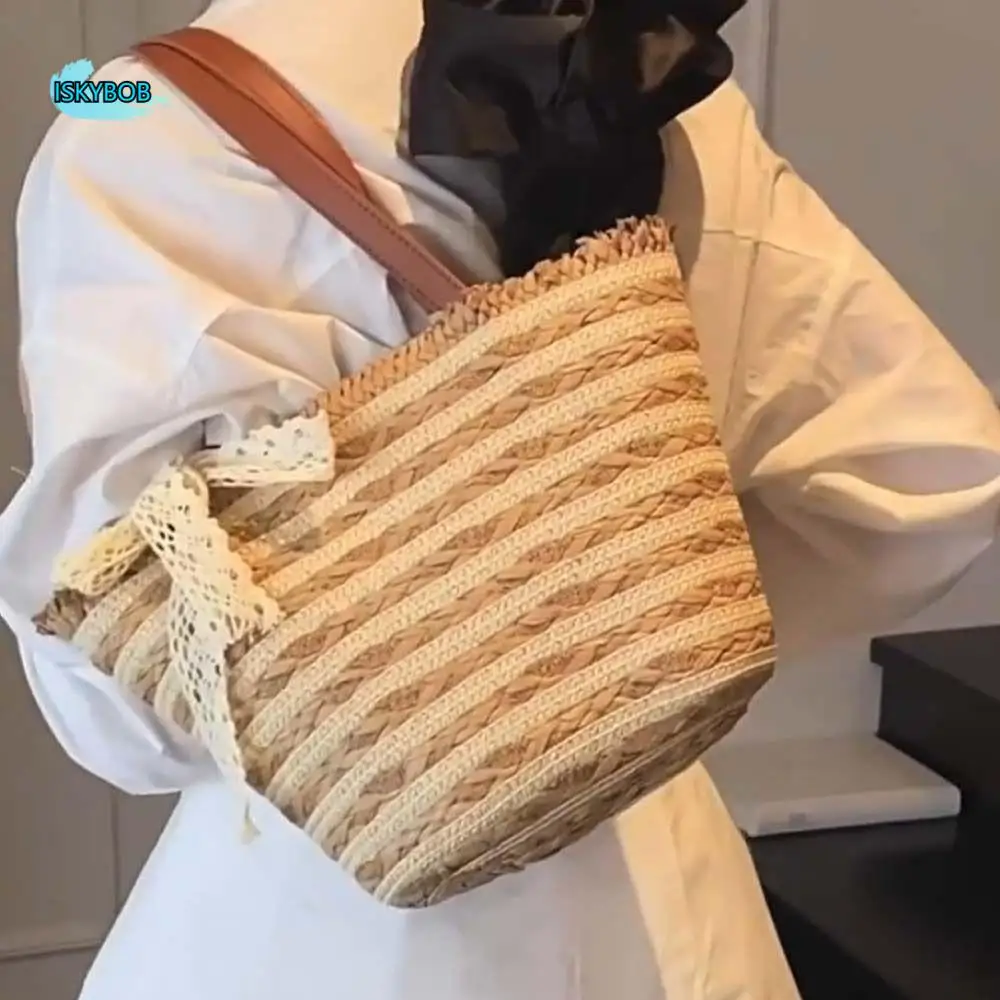 

Trendy Sweet Woven Tote Bag Silk Ribbon Large Capacity Stripe Straw Handbag Lightweight Khaki Summer Beach Bag School