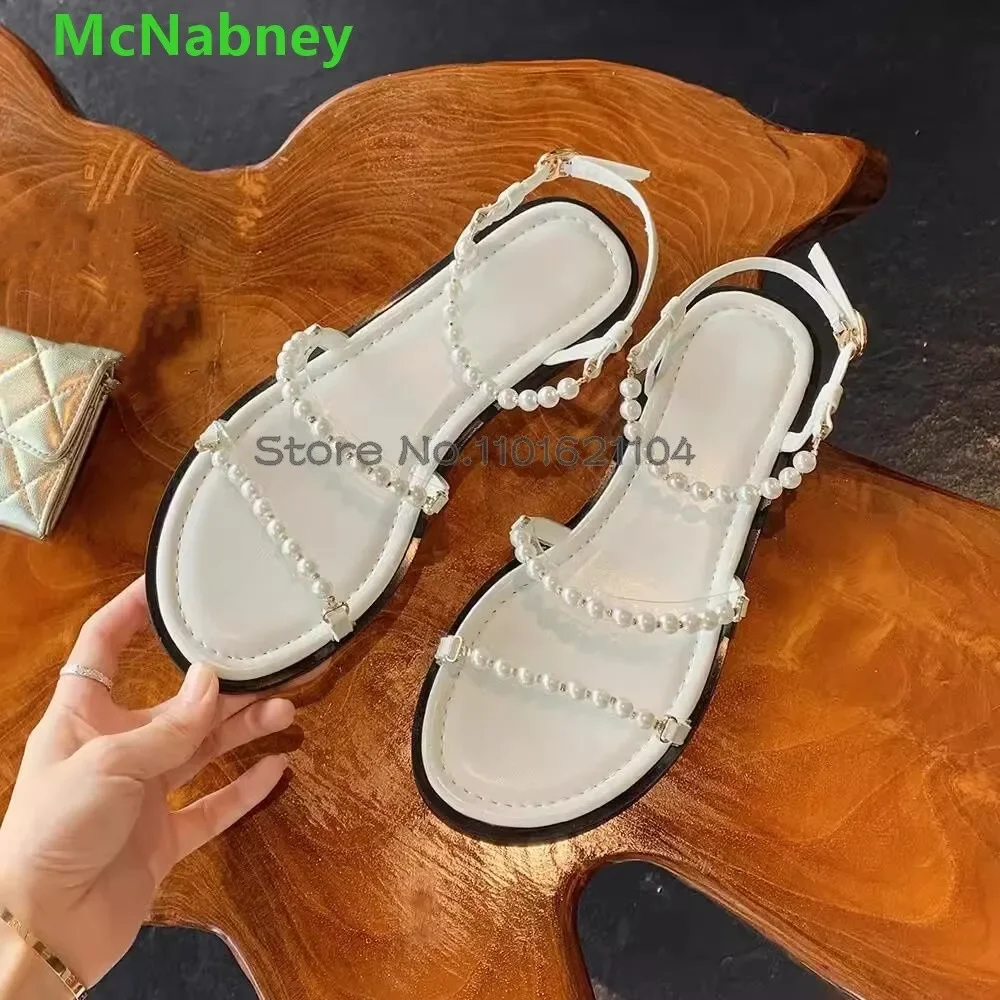 

Flat With Pearl Round Toe Sandals For Female Women 2024 Summer New Slingback Ankle Straps Shallow Elegant Black/white Shoes