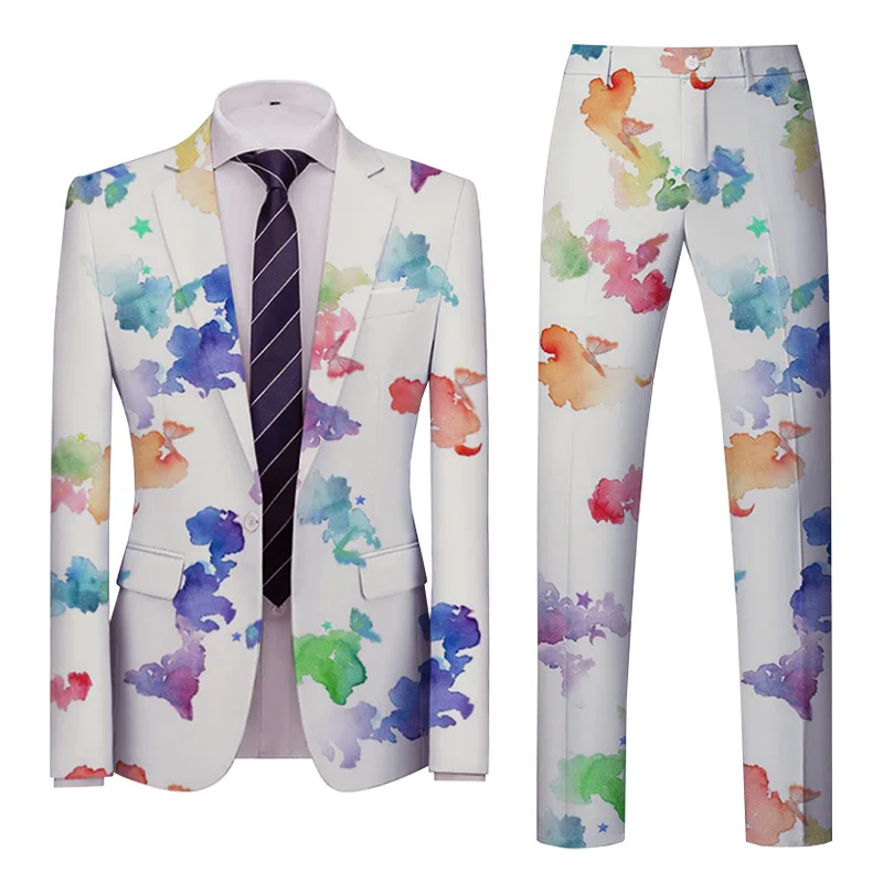 Men\'s Printed Suit Party Groom Wedding Dress Suits Stage Costume Male Singer Performance Host Blazer Pants 2 Piece Set Slim