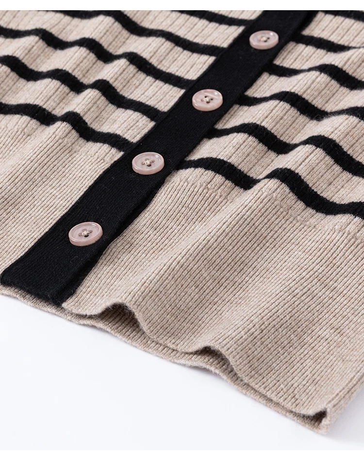 MZ62028 Damen Vintage Gestreifter V-Ausschnitt Gerippter Strick Langarm-Cardigan mit Kontrastbesatz Knopfleiste Modal-Mischung Frühherbst-Pullover – Detail 19