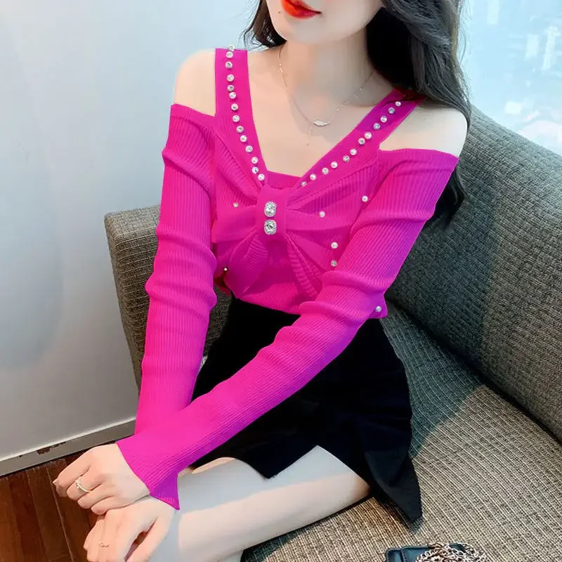 Fashion V-Neck Diamonds Bow Off Shoulder Blouses Women's Clothing 2024 Spring Summer New Slim Korean Tops Office Lady Shirts