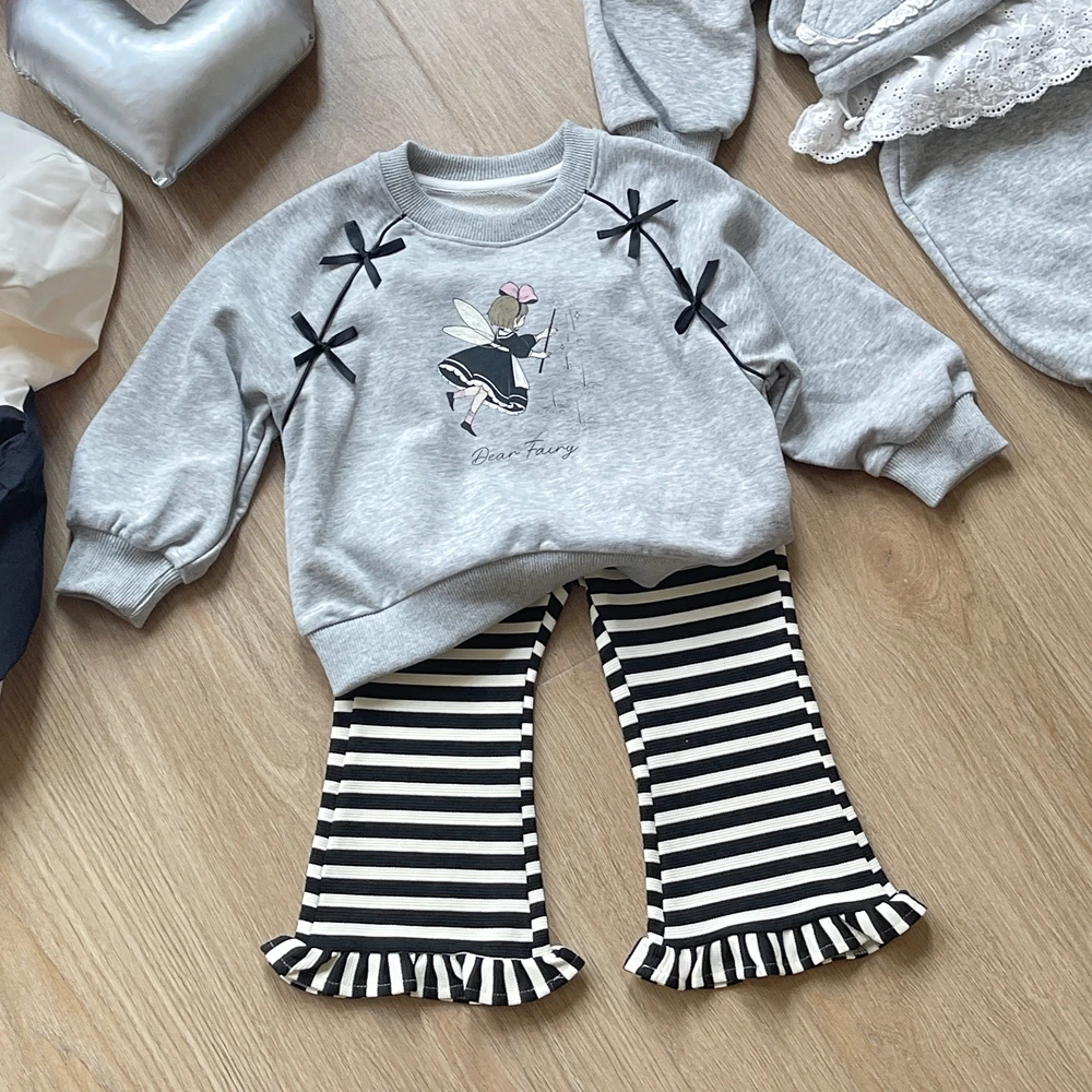 2024 New Autumn Children's Set Cartoon Fairy Bow Sweatshirt+Fashion Striped Pants 2ps Girl Baby Casual Lively Outdoor Sportswear