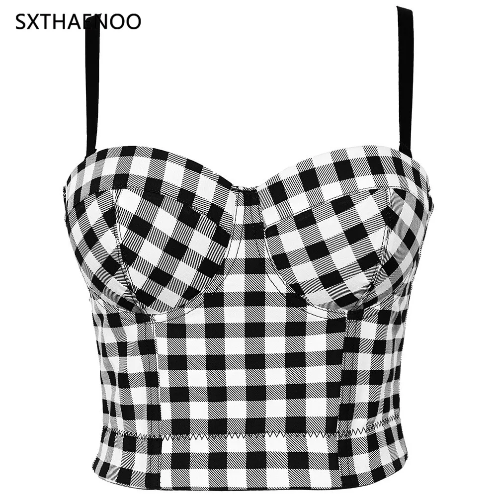 SXTHAENOO Vintage Strap Tanks Camis for Women Almighty Casual Plaid Patchwork Femme Croset Crop Tops with Built in Bras Camisole