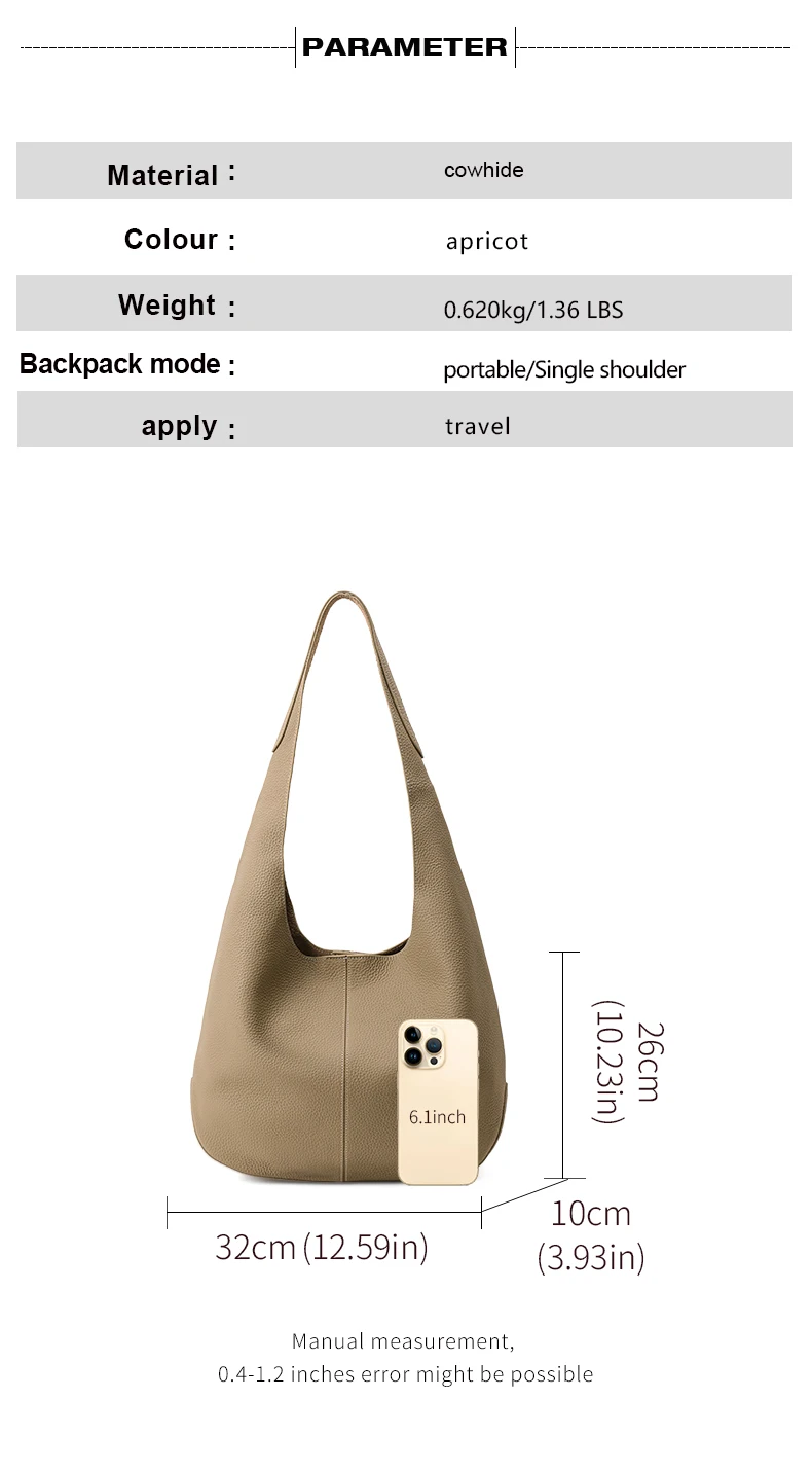 Aidrani Damen-Unterarm-Schultertasche aus echtem Rindsleder mit Lychee-Muster, Aufbewahrungstasche, leicht für Reisen – Detail 4