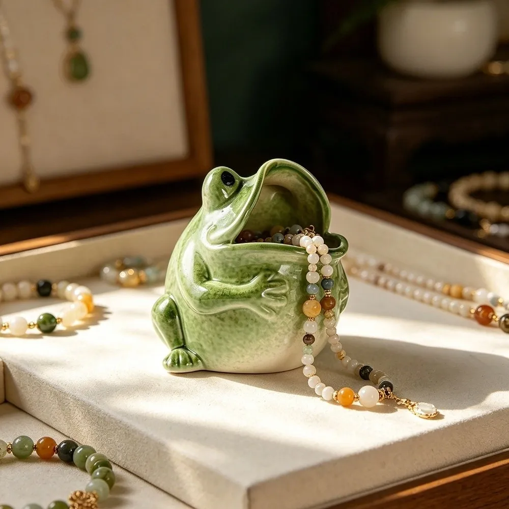 Ceramic Frog Jewelry Holder Glazed Finish Frog Shape Money Saving Jar Open Mouth Freestanding Decorative Frog Container
