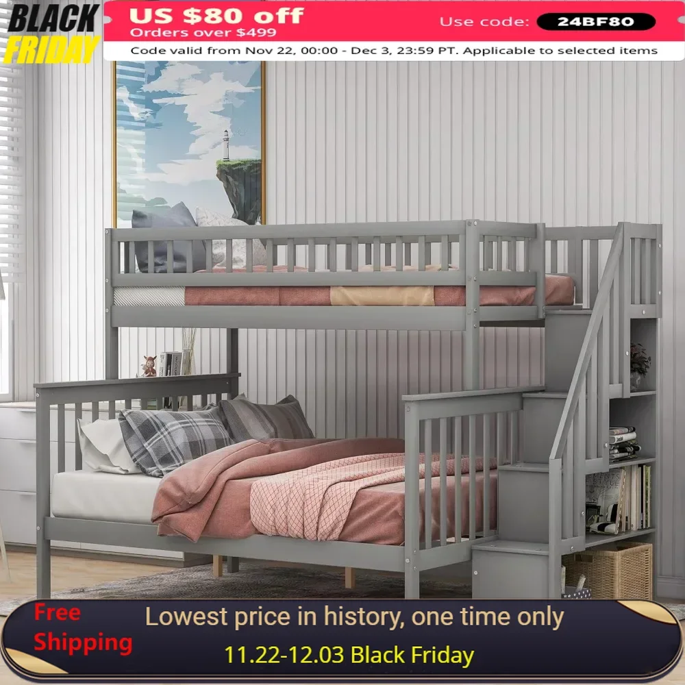 Bunk Beds,with Stairs,with Storage and Guard Rails,Bunks Beds Twin Over Full Size for Kids, Bedroom,Teens, Adults, Wood Bunk Bed