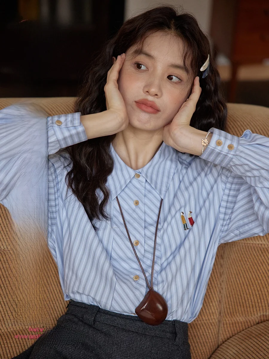 

Ele Blue Striped Long Sve Embroidered irt for Women Autumn New Sle Casual Comfortable Cotton Vintage Commute Sle