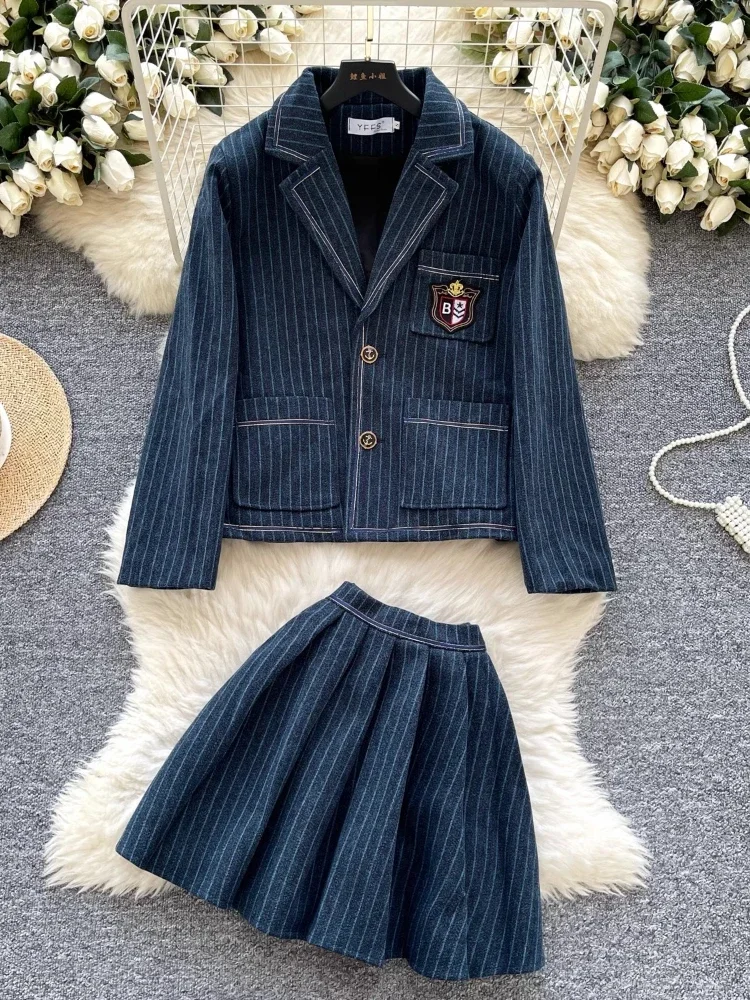 Academy Style Suit High Quality Fashion Embroidered Striped Blazer Coat High Waist Pleated Skirt Korean Office 2-Piece Set Women