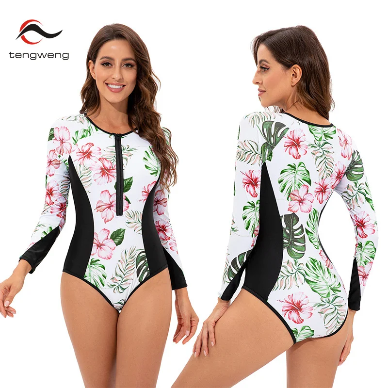 

2024 Long Sleeve Swimwear Surfing Bathing Suit Women Print One Piece Swimsuit Retro Swimsuit Vintage One-piece Swim Suits