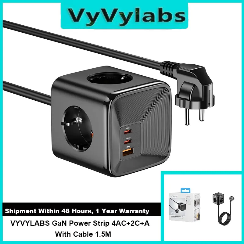

Vyvylabs GaN Power Strip 4AC+ 2C+A 33W Desktop Charging Station 7-in1 UK EU Plug Power Strip With 1.5M Cable For Home Office